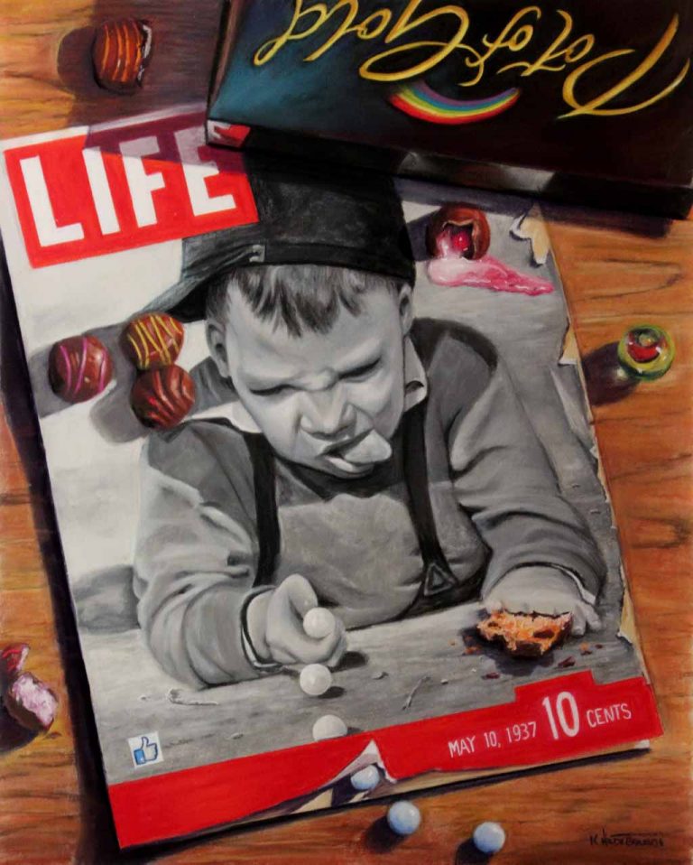 Trompe l’oeil painting of lige magazine and chocolate box