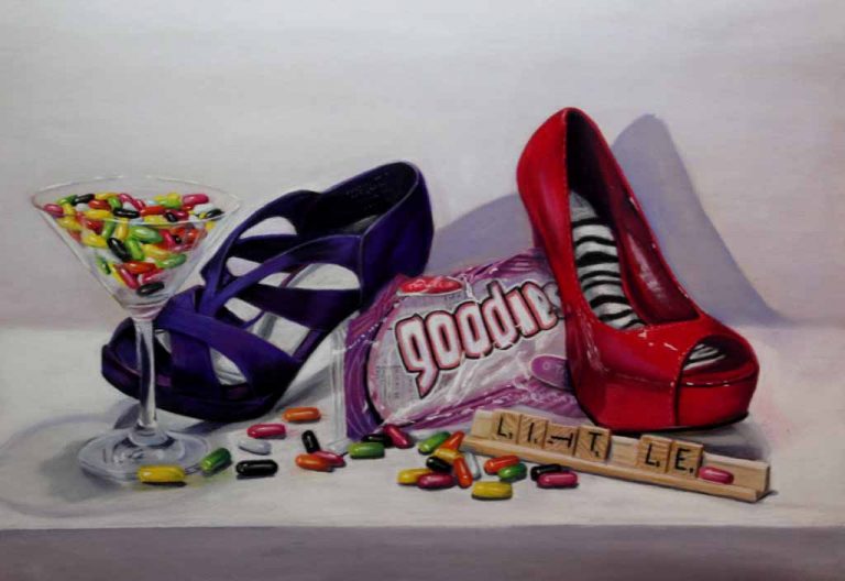 idiom painting of two different shoes and goddies candy