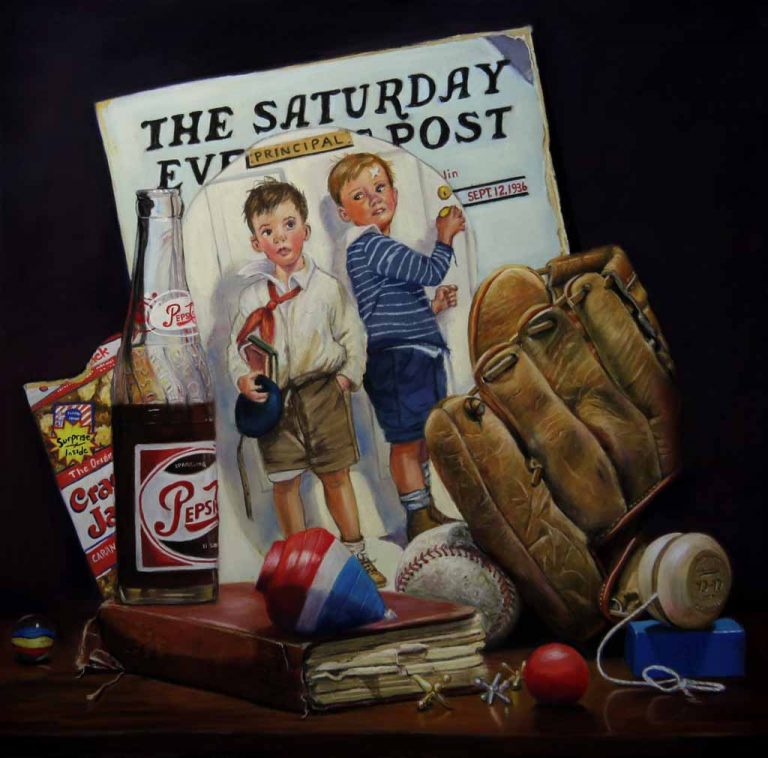 pastel painting of saturday evening post, pepsi bottle and baseball
