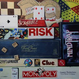 game boxes including risk, crib, clue and monopoly