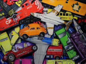 pastel painting of hot wheel cars, trains and planes