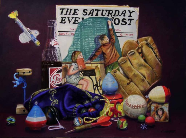 pastel painting with saturday evening post, pepsi bottle, baseball glove